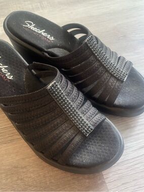 Skechers Black Slip-On Wedge Sandals with rhinestone detail size 8.5